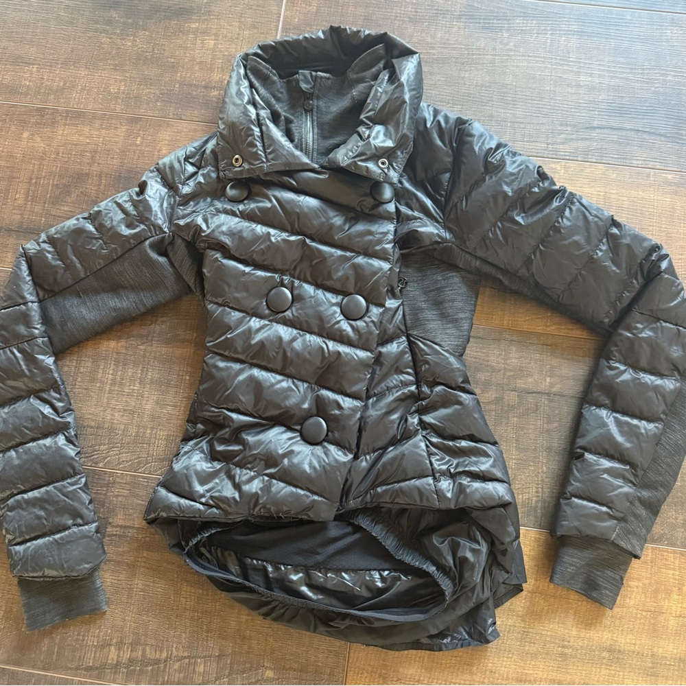 Black Lululemon goose down jacket with rear bow. Size 4